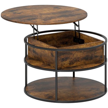 Renata Metal And Wooden Brown Round Lift Top Coffee Table With Hidden Storage