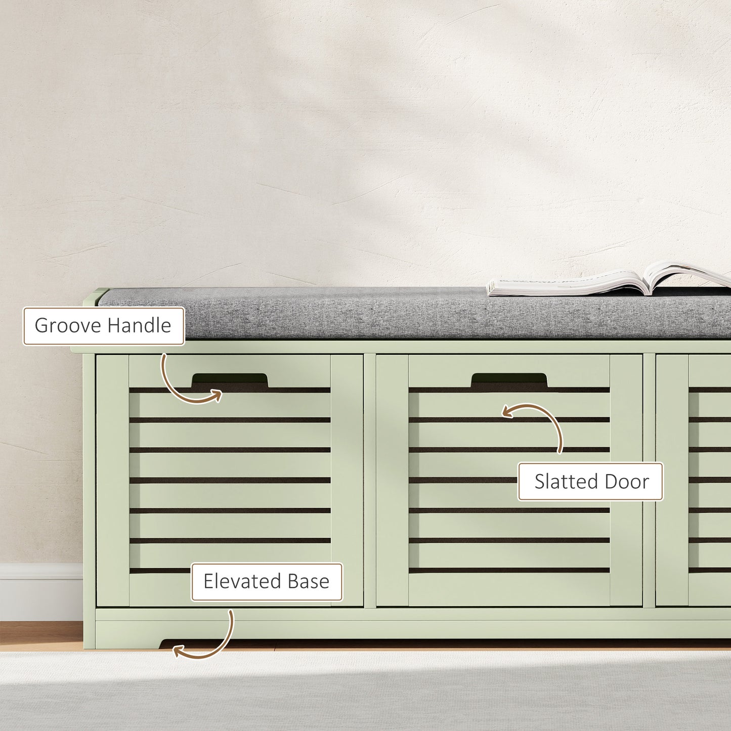 Dilena Wooden Green 3 Drawer Shoe Storage Bench with Grey Padded Seat