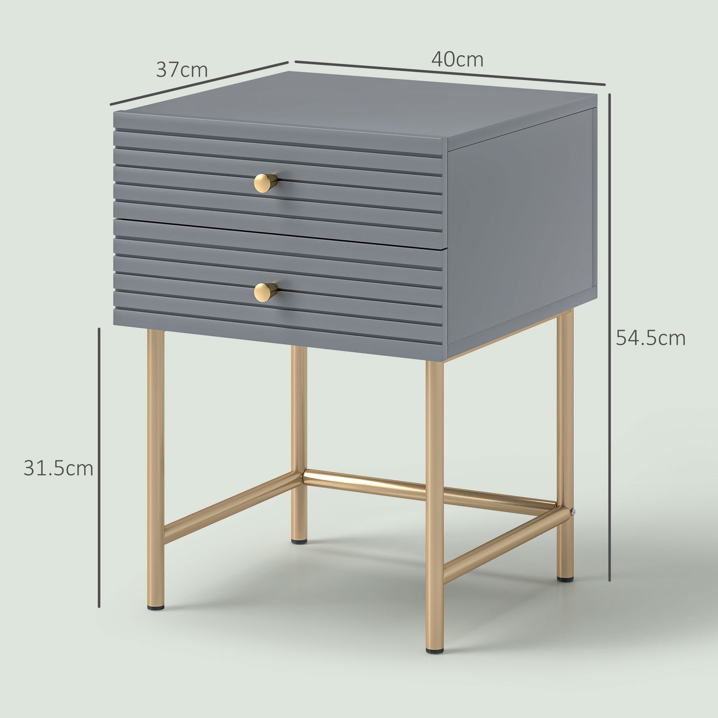 Lika Set Of 2 Grey And Gold Elegant Bedside Tables Ribbed Drawers