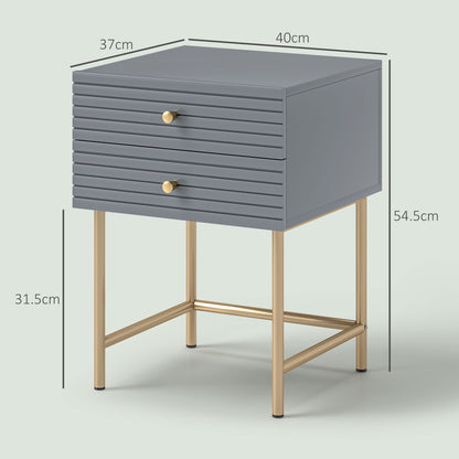Lika Set Of 2 Grey And Gold Elegant Bedside Tables Ribbed Drawers
