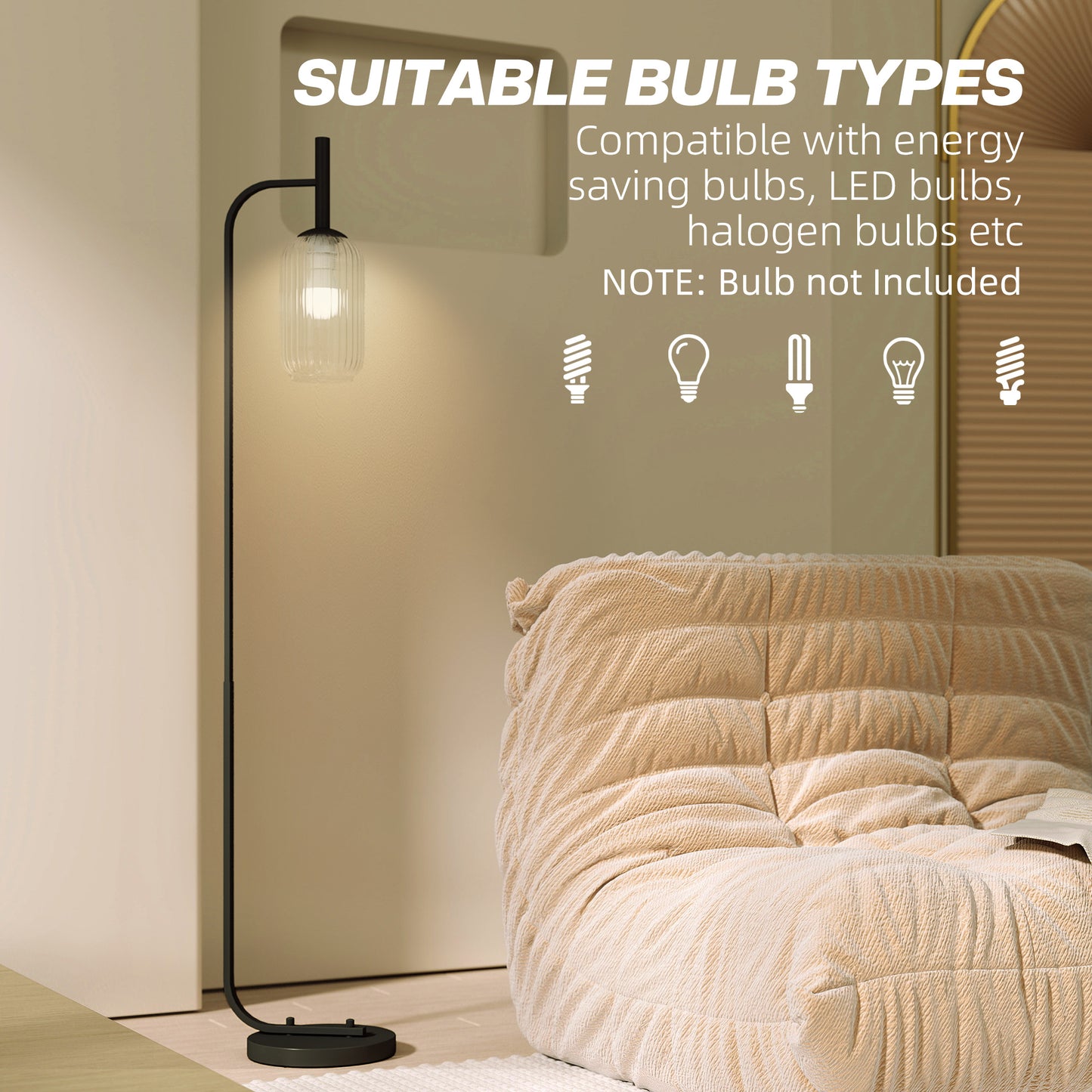 Line Metal Black Retro Floor Lamp With Ribbed Glass Shade