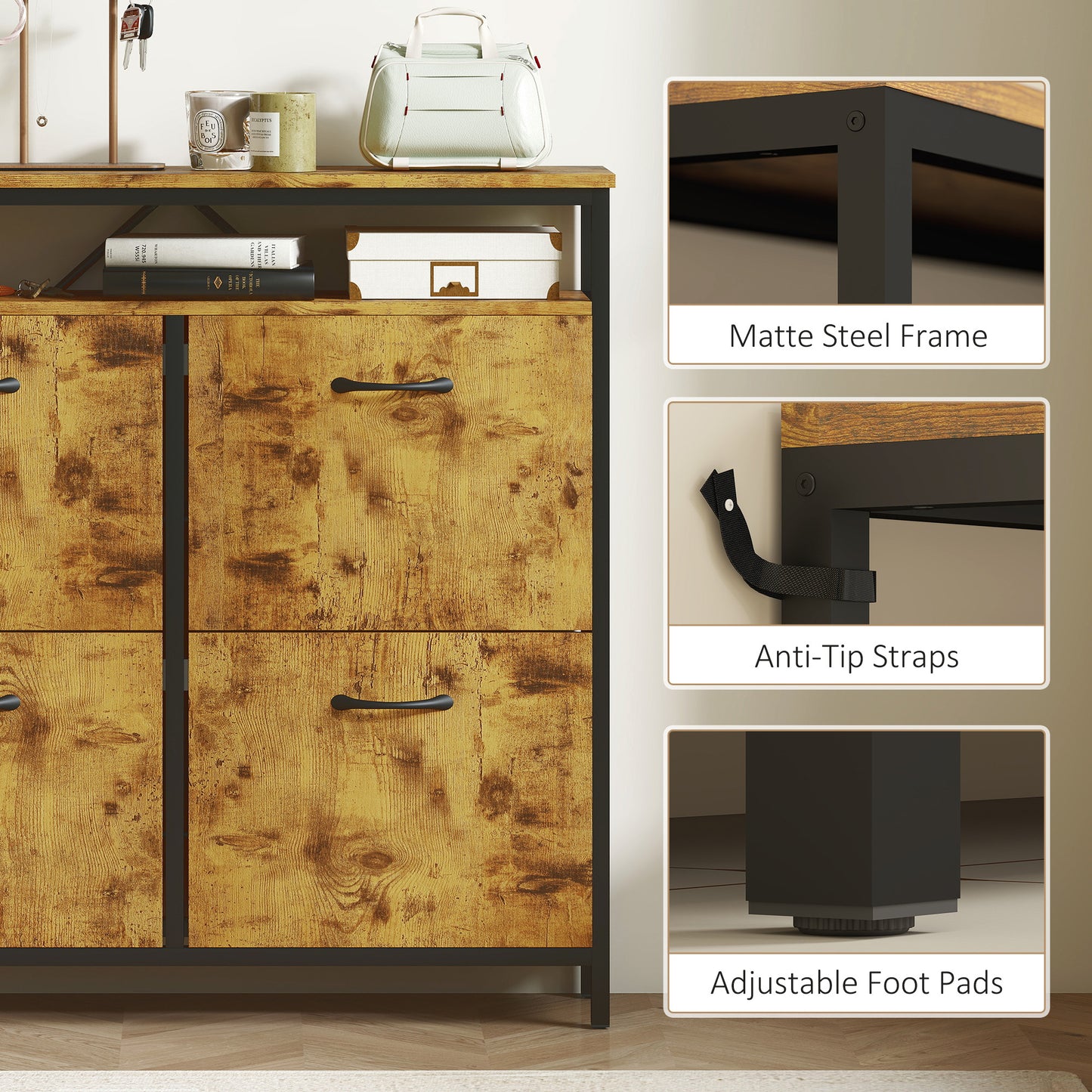 Vebael Wooden Rustic Brown Shoe Cabinet With 4 Flip Drawers And Shelf
