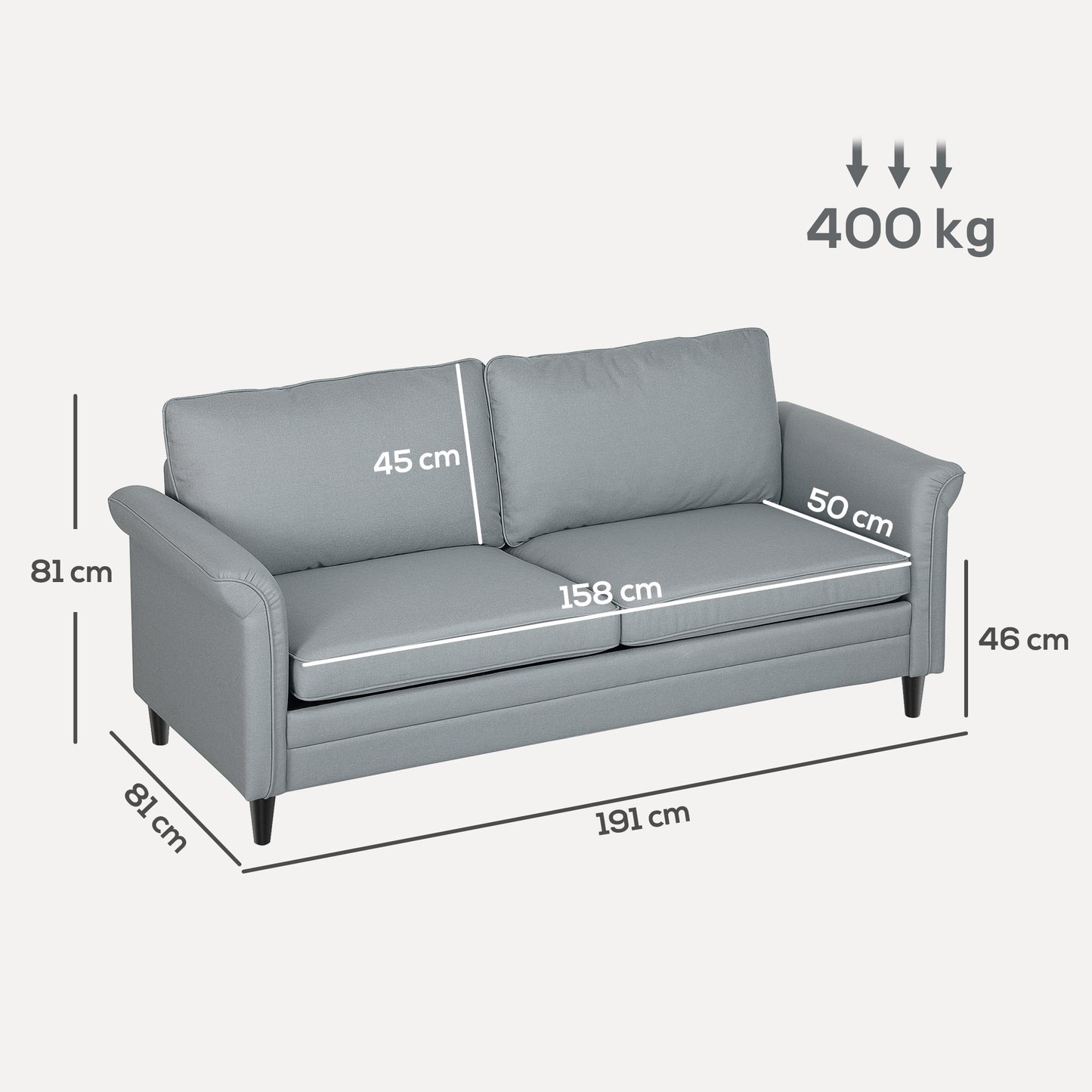Zivata Fabric Soft Grey 3 Seater Sofa With Spring Cushions