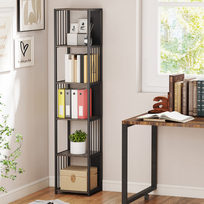 Reseka Metal And Wood Grey 5 Tier Bookshelf With Steel Frame