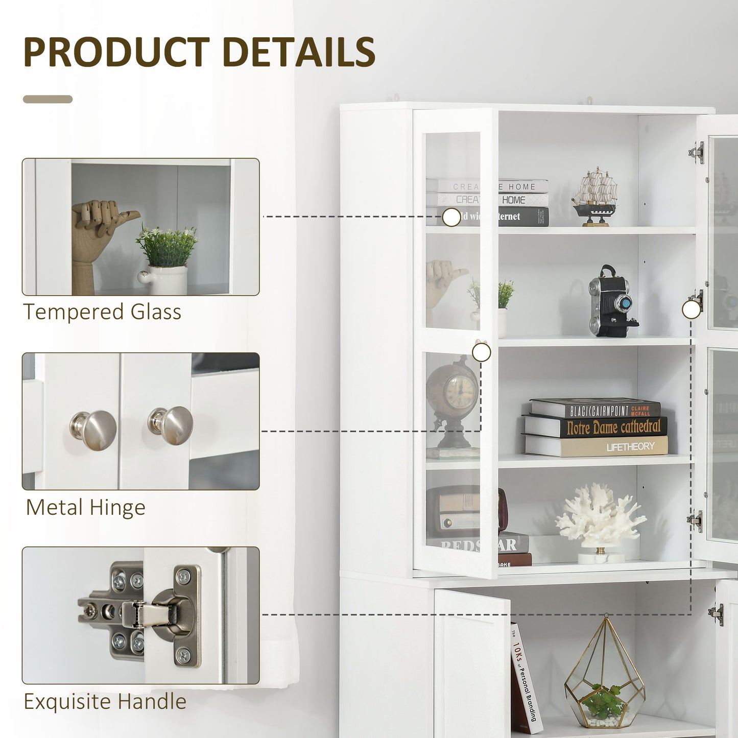 Mola Colu Wood And Glass White Display Bookcase With Adjustable Shelves And Glass Doors