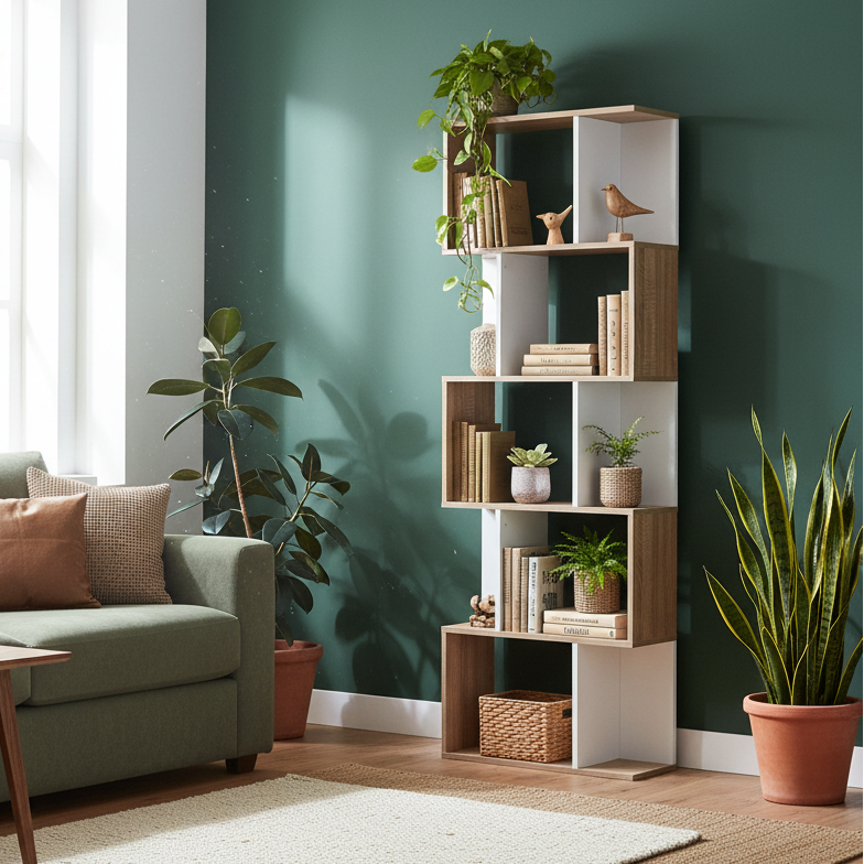 Solieco Wood Oak And White S ShaFauxd Freestanding Bookcase With 5 And 6 Tier Layout