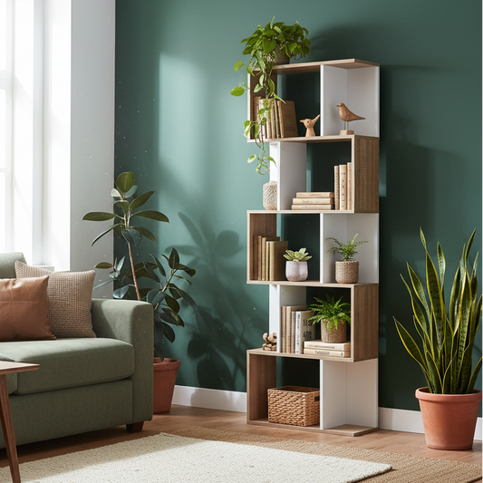 Solieco Wood Oak And White S ShaFauxd Freestanding Bookcase With 5 And 6 Tier Layout