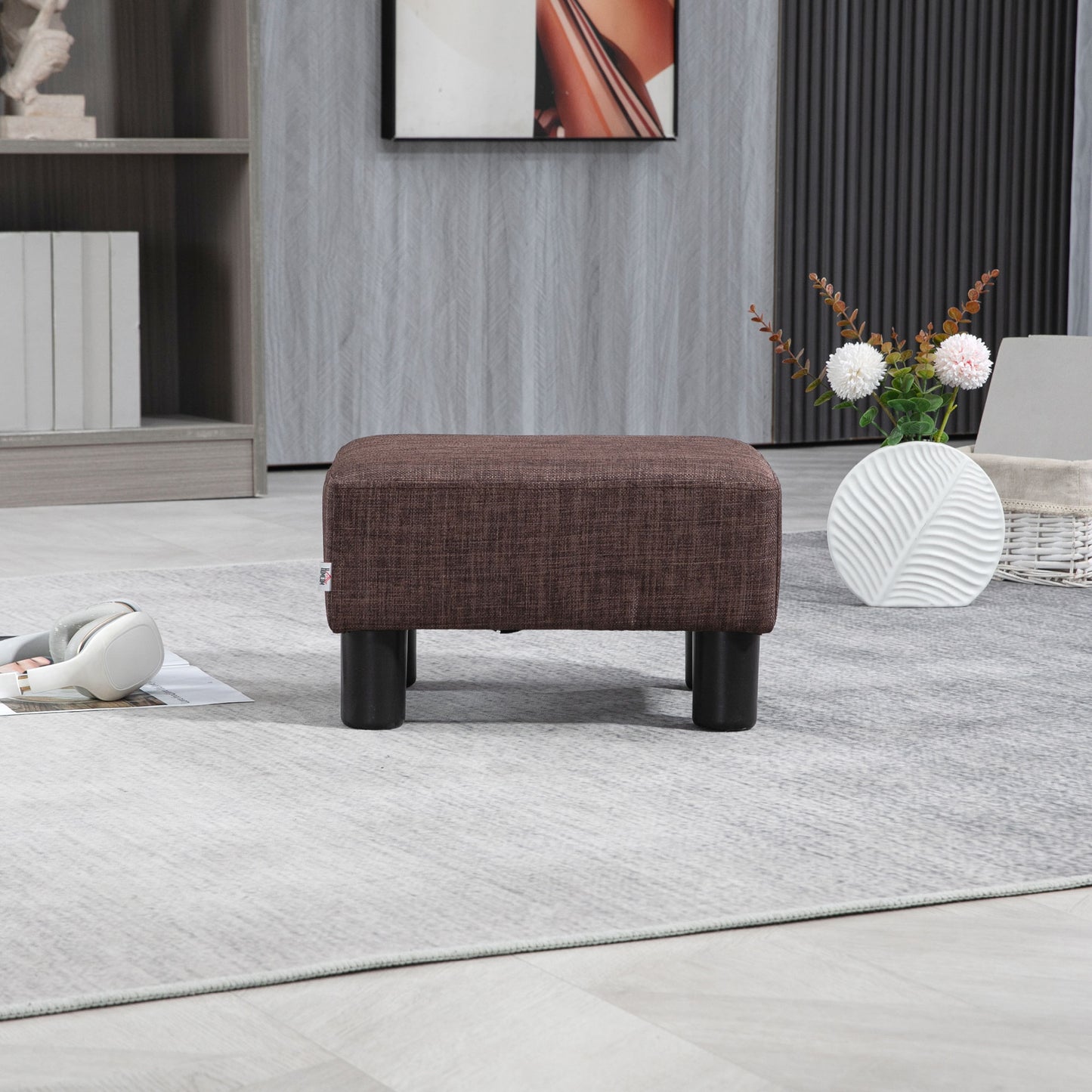 Fata Linen Brown Cube Footstool With 4 Plastic Feet