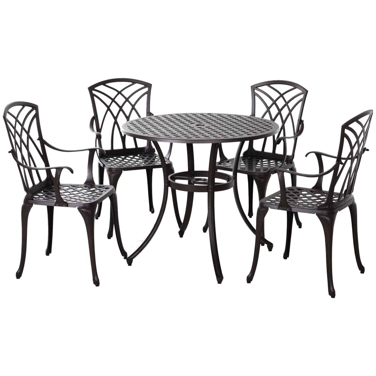 Rohafa Brown Cast Aluminium Brown 4 Seater Garden Dining Set With Armchairs And Round Table