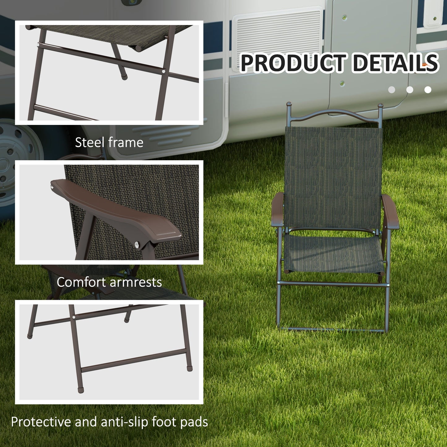 Covani Set Of 2 Metal Dark Brown Folding Garden Chairs With Fabric Mesh Seats