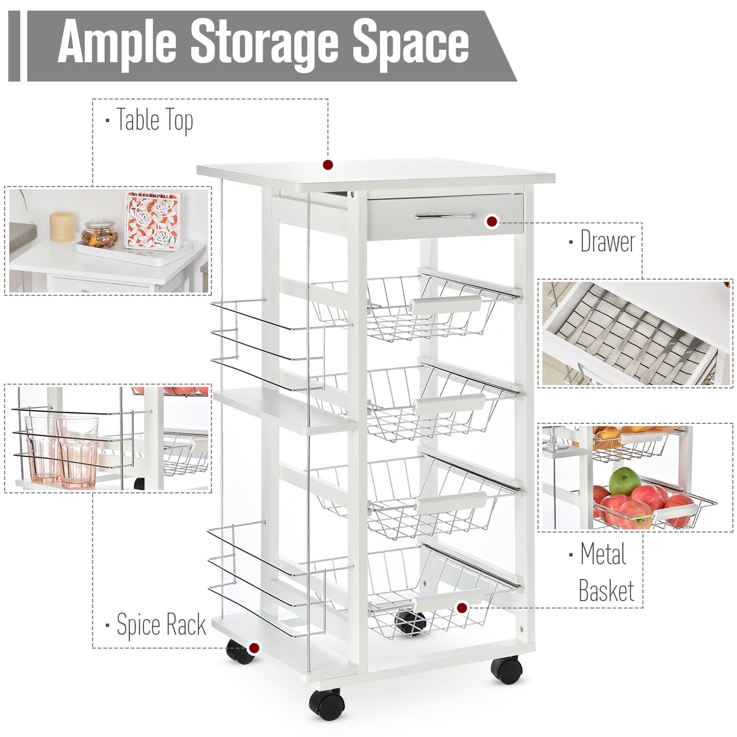 Tore Metal White Rolling Kitchen Cart With 4 Basket Drawers And Side Racks