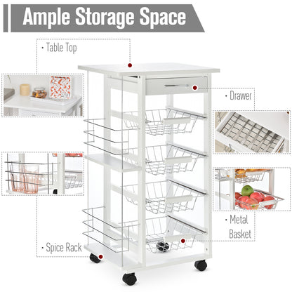 Tore Metal White Rolling Kitchen Cart With 4 Basket Drawers And Side Racks