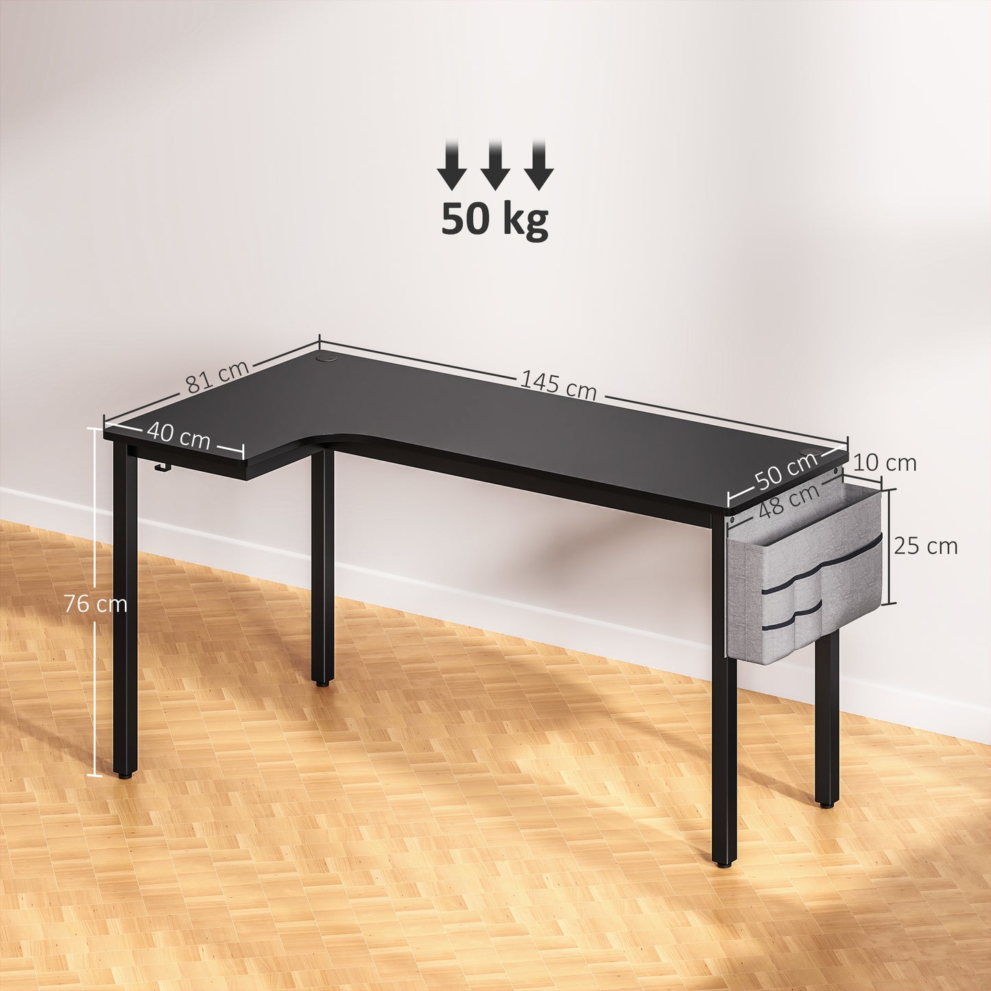 Monotta 145cm Metal Black L Shaped Gaming Desk With Cable Management Fabric Storage and Hooks