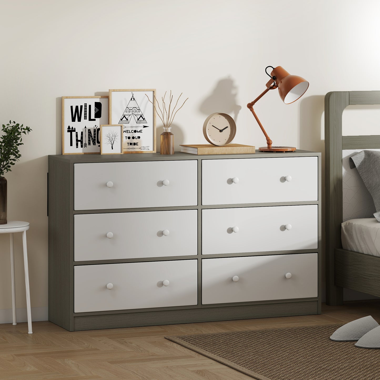 Nafiso Fabric And Wood White And Grey 6 Drawer Storage Dresser