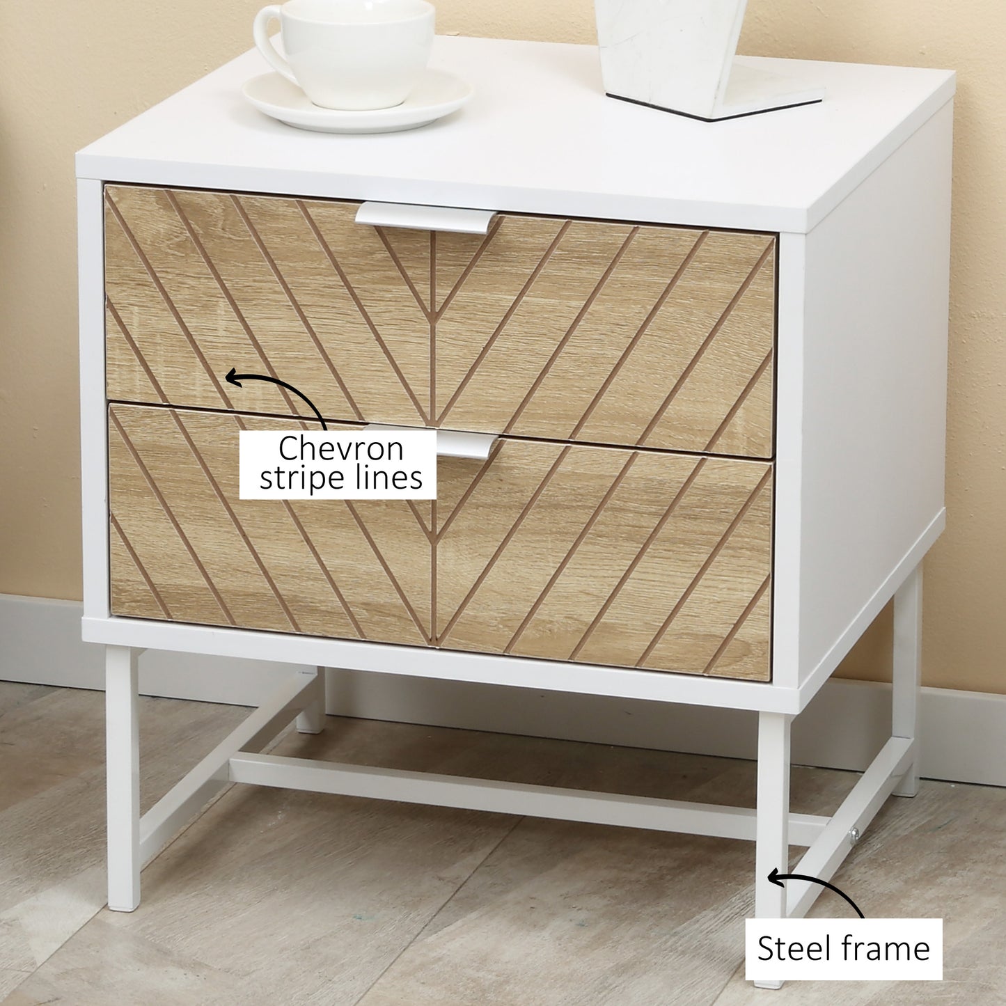 Loni White And Natural Wood Bedside Table 2 Drawers White Handles