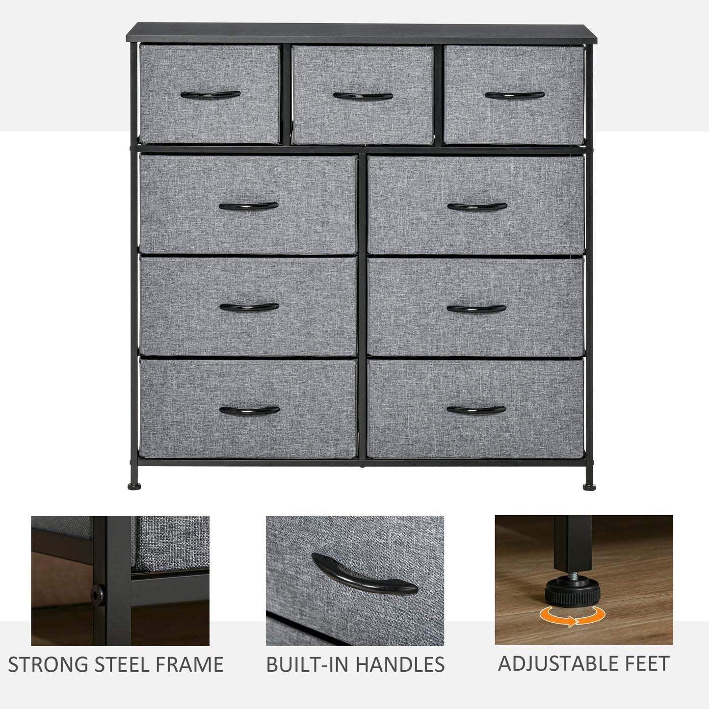 Molisa Metal And Fabric Grey 9 Fabric Drawers Storage Dresser