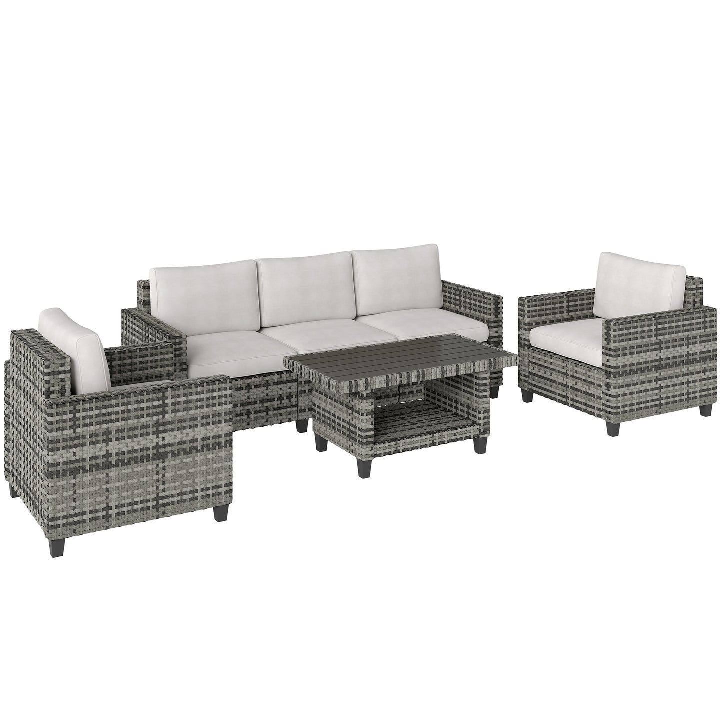 Coneno Rattan Light Grey 5 Seater Outdoor Sofa Set White Cushions
