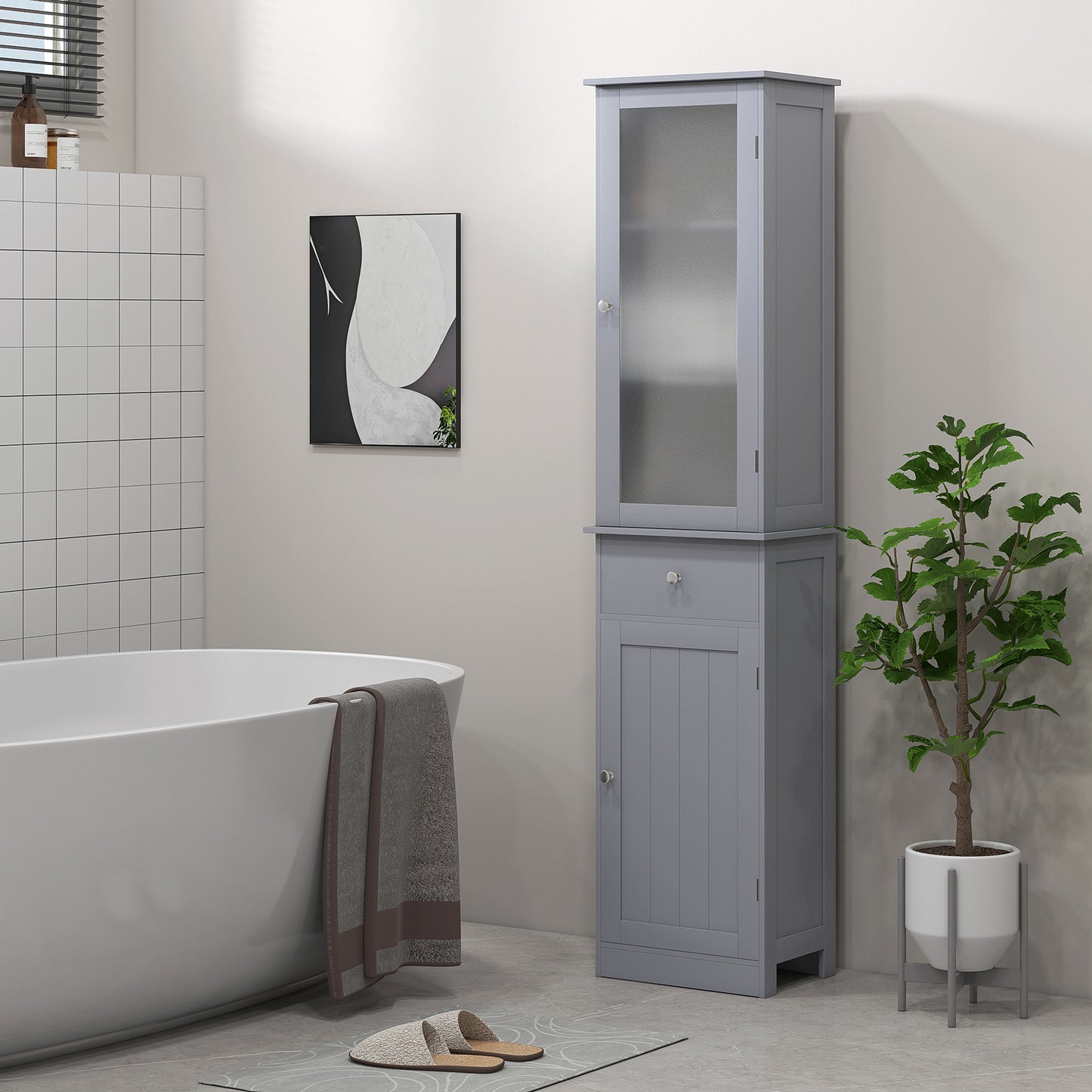 Zira Tall Slim Grey Bathroom Storage Cabinet With Shelves Drawer And Door