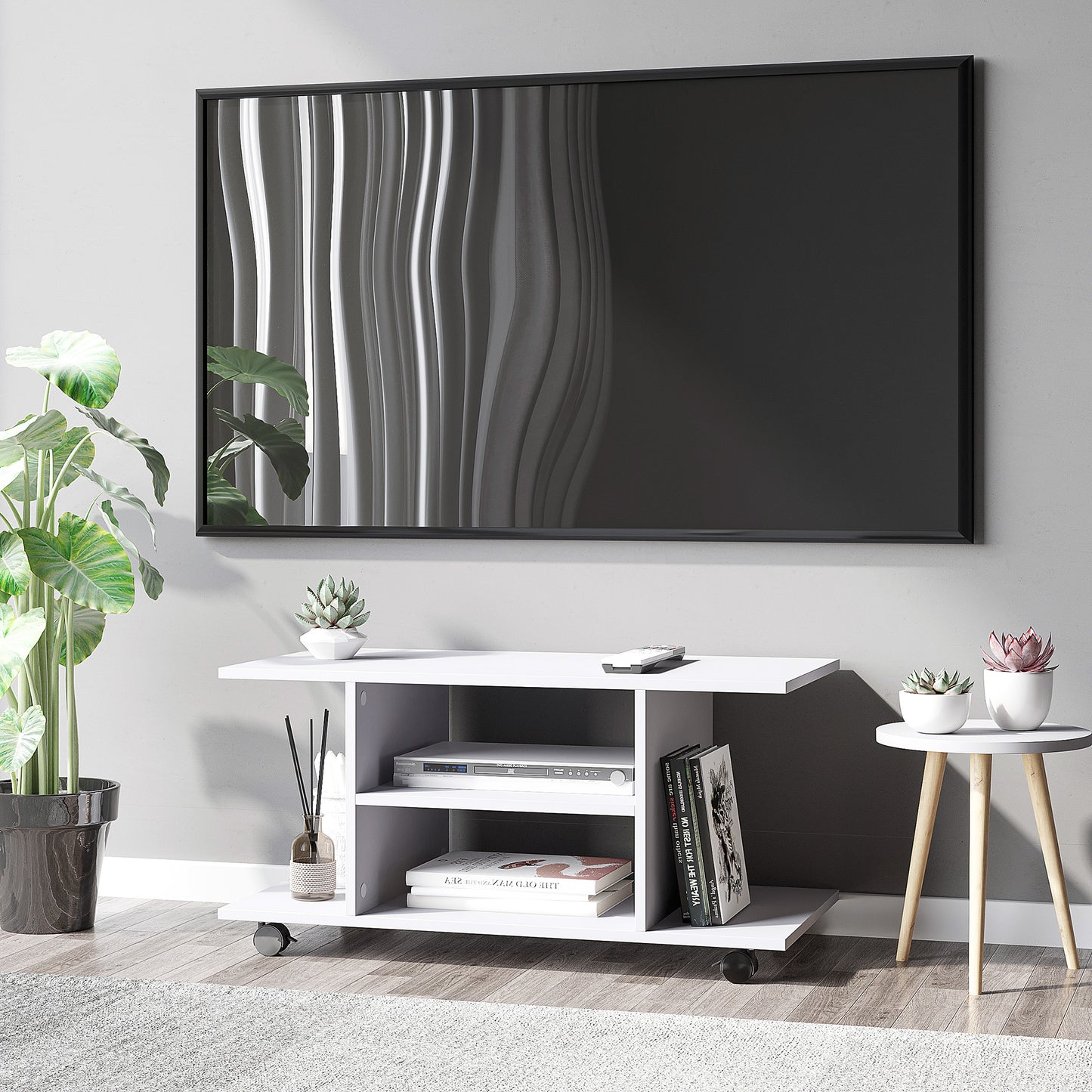 Vireli Miri 80cm Wooden White Mobile TV Storage Unit With Shelves And Bookcase Layout