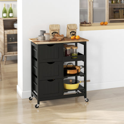 Tovafi Wooden Black Compact Rolling Kitchen Island With Wood Top Shelves And Drawers