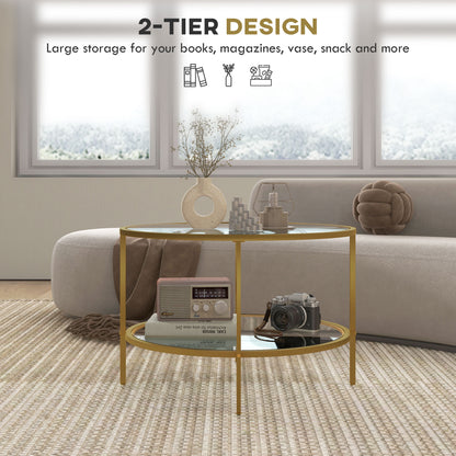 Tosomi Metal And Glass Gold Tone Round 2 Tier Coffee Table With Storage Shelf