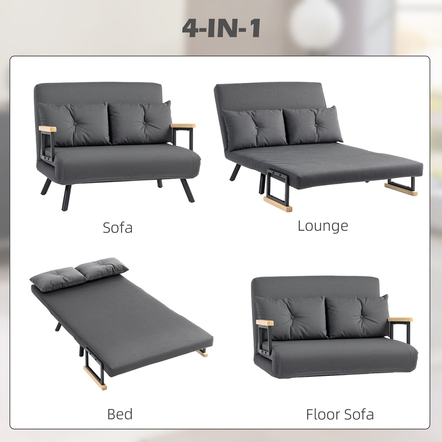 Dima Velvet Dark Grey 4 In One Convertible Double Sofa Bed With Cushions and Wooden Armrests