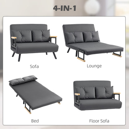 Dima Velvet Dark Grey 4 In One Convertible Double Sofa Bed With Cushions and Wooden Armrests