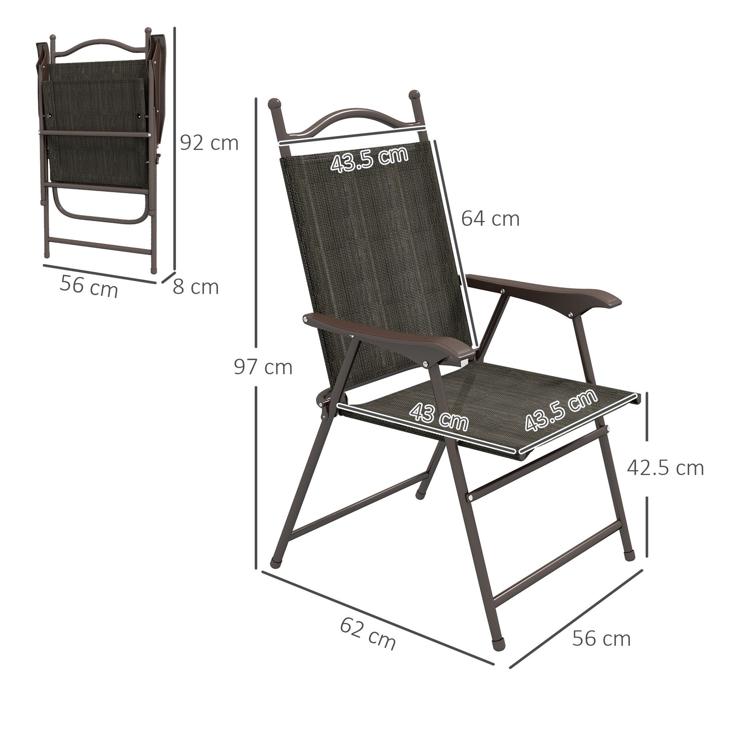 Covani Set Of 2 Metal Dark Brown Folding Garden Chairs With Fabric Mesh Seats