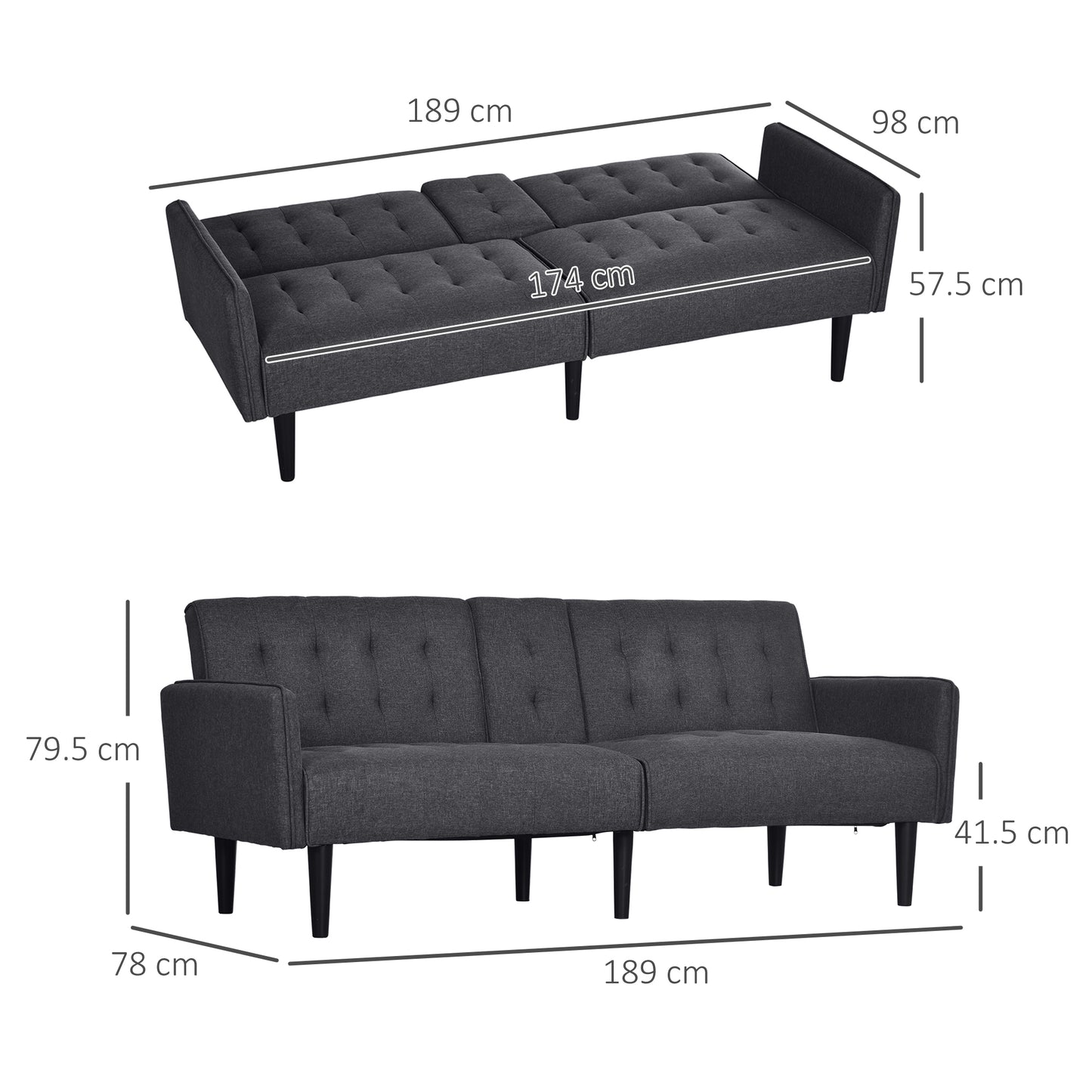 Nissa Grey Fabric 3 Seater Sofa Bed Diamond Tufted Back