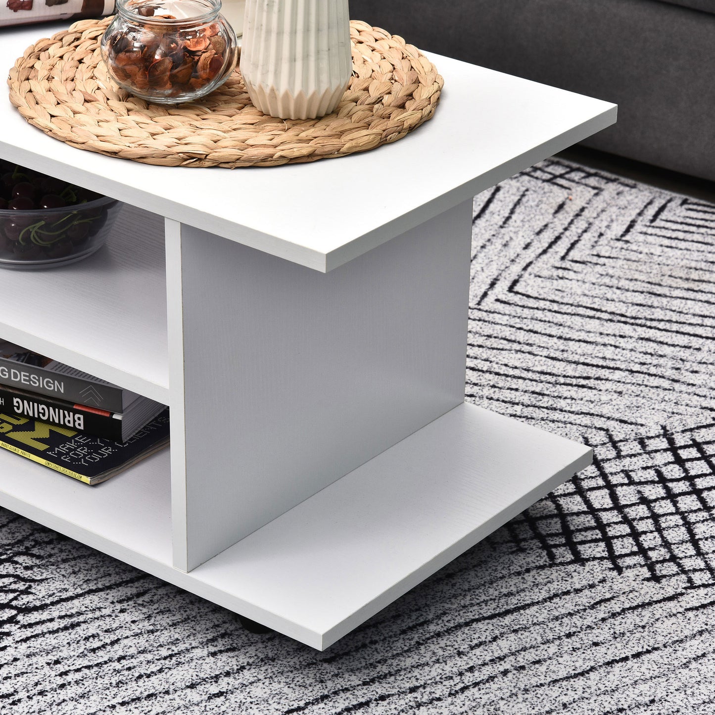 Vireli Miri 80cm Wooden White Mobile TV Storage Unit With Shelves And Bookcase Layout