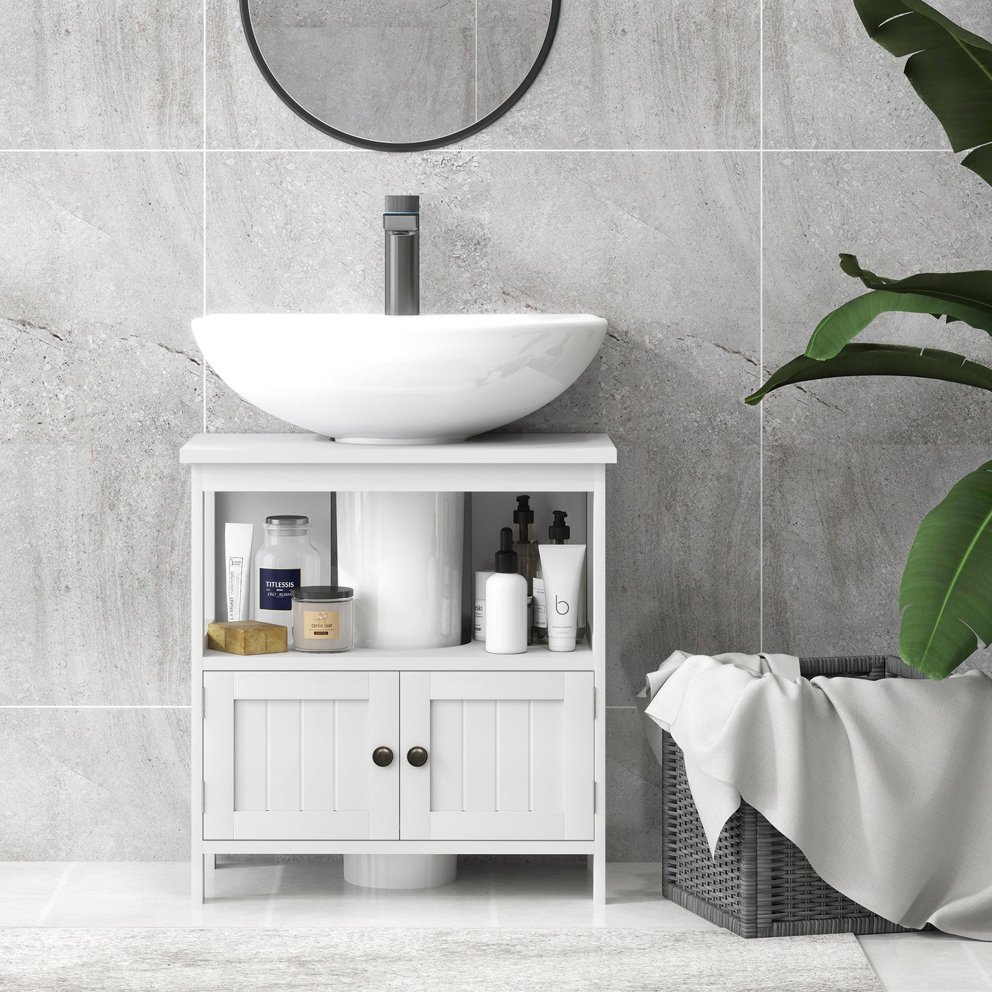 Dilaco White Fauxdestal Sink Storage Cabinet With Double Doors And Internal Shelving