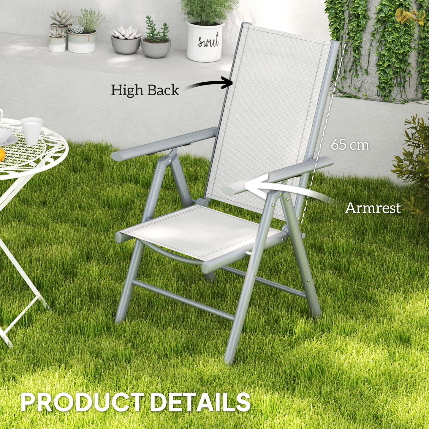 Mina Set of 2 Aluminium Light Grey Folding Outdoor Dining Chairs with Breathable Mesh