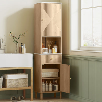 Fasu Slim Bathroom Storage Cabinet With Soft Close Drawer Rail Wood Effect Finish