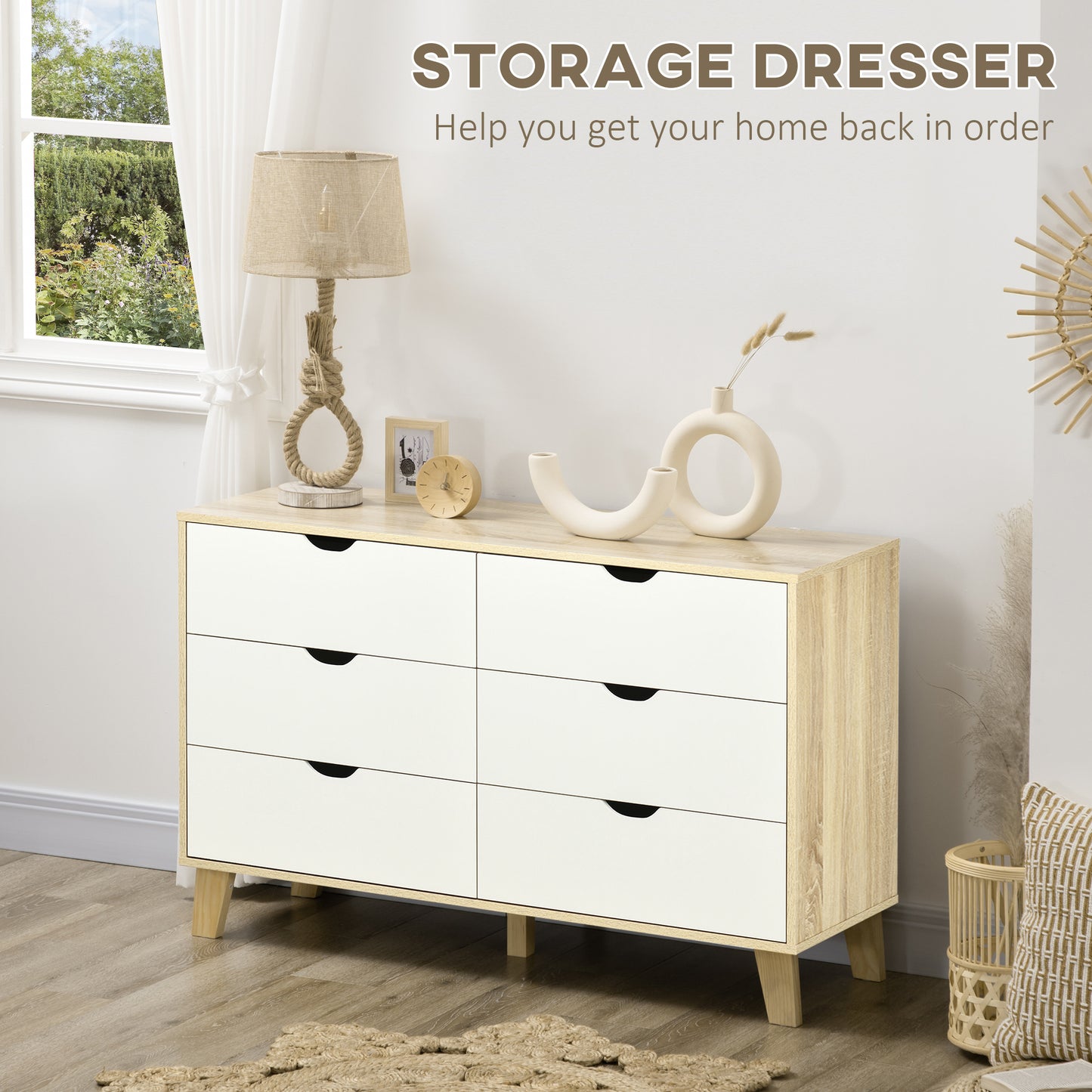 Valu Natural Wood and White Wide 6 Drawer Chest With Wooden Legs