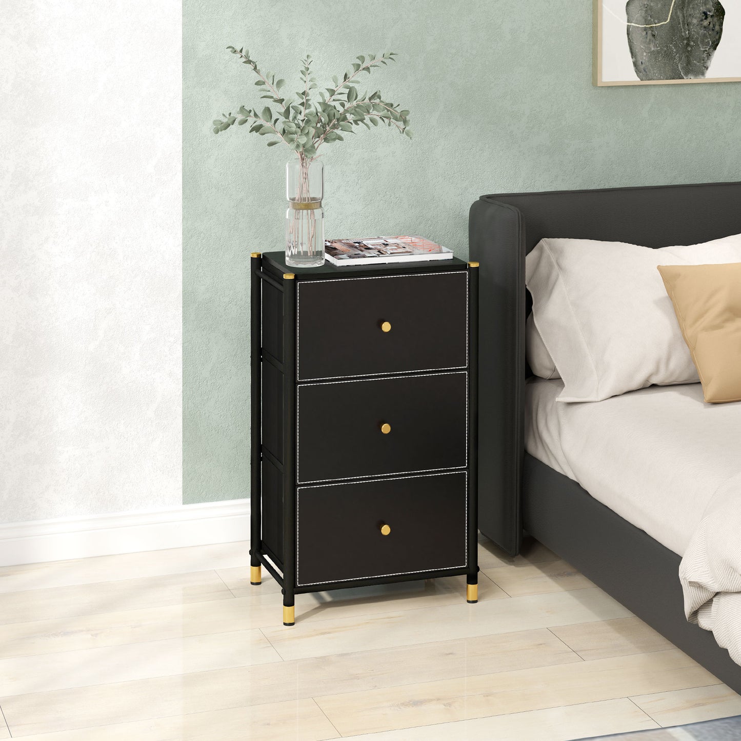Ditari Faux Leather Black 3 Drawer Front Panel Storage Chest