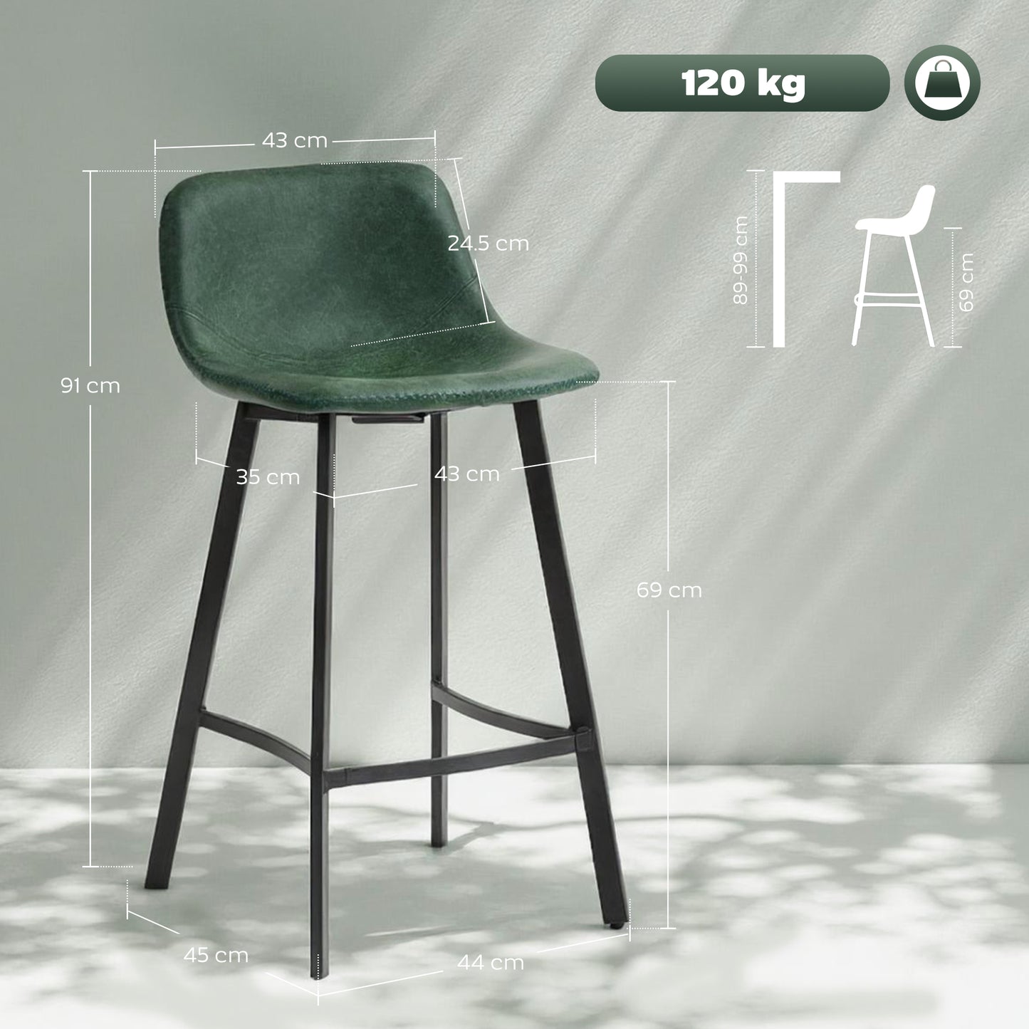 Noso Tane Set Of 2 Green Faux Leather Upholstered Dining Bar Stools