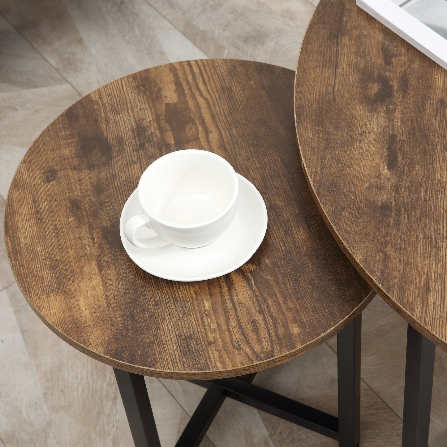 Kara Baso Set Of 2 Round Industrial Nesting Coffee Tables Metal And Wood Rustic Brown