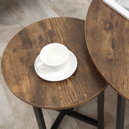 Kara Baso Set Of 2 Round Industrial Nesting Coffee Tables Metal And Wood Rustic Brown