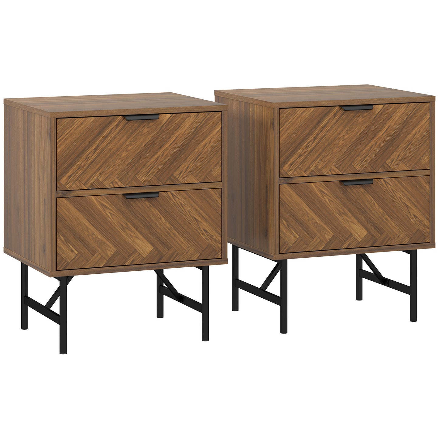 Vira Walnut Set Of 2 Brown Bedside Tables With Chevron Herringbone Pattern Black Metal Legs