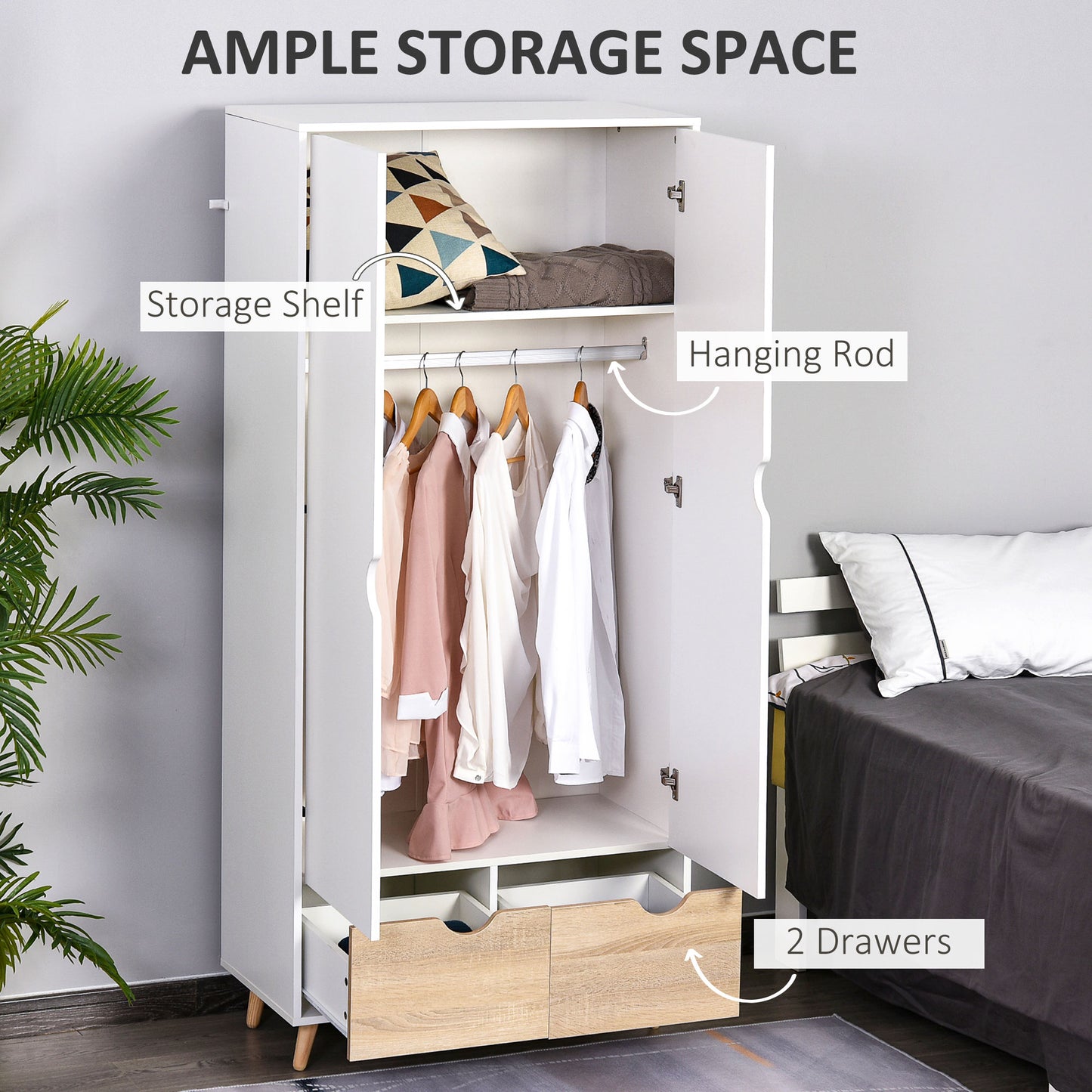 Coramoro 4 Piece Natural Wood And White Bedroom Furniture Set With Wardrobe 2 Bedside Tables And Cabinet