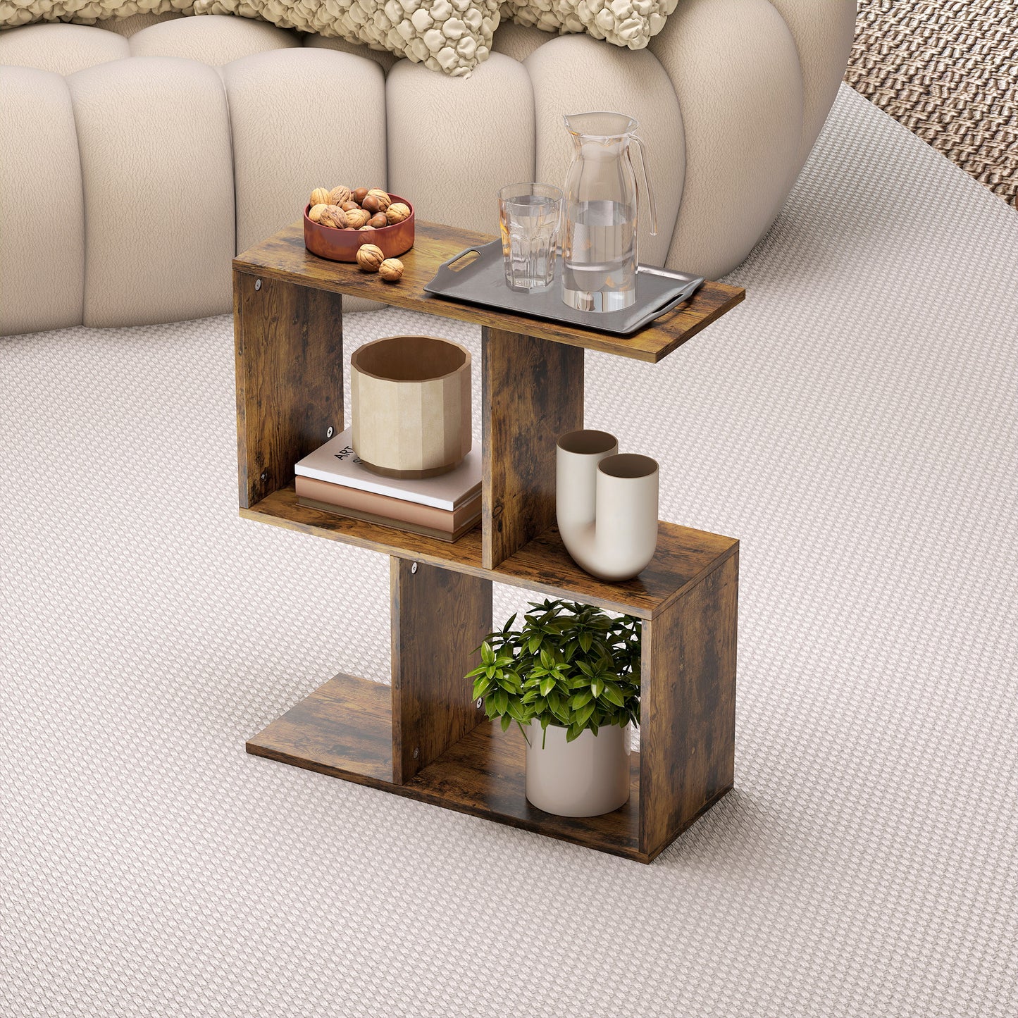 Rose Wooden Rustic Brown Narrow S Shaped Side Table With 3 Tier Shelves