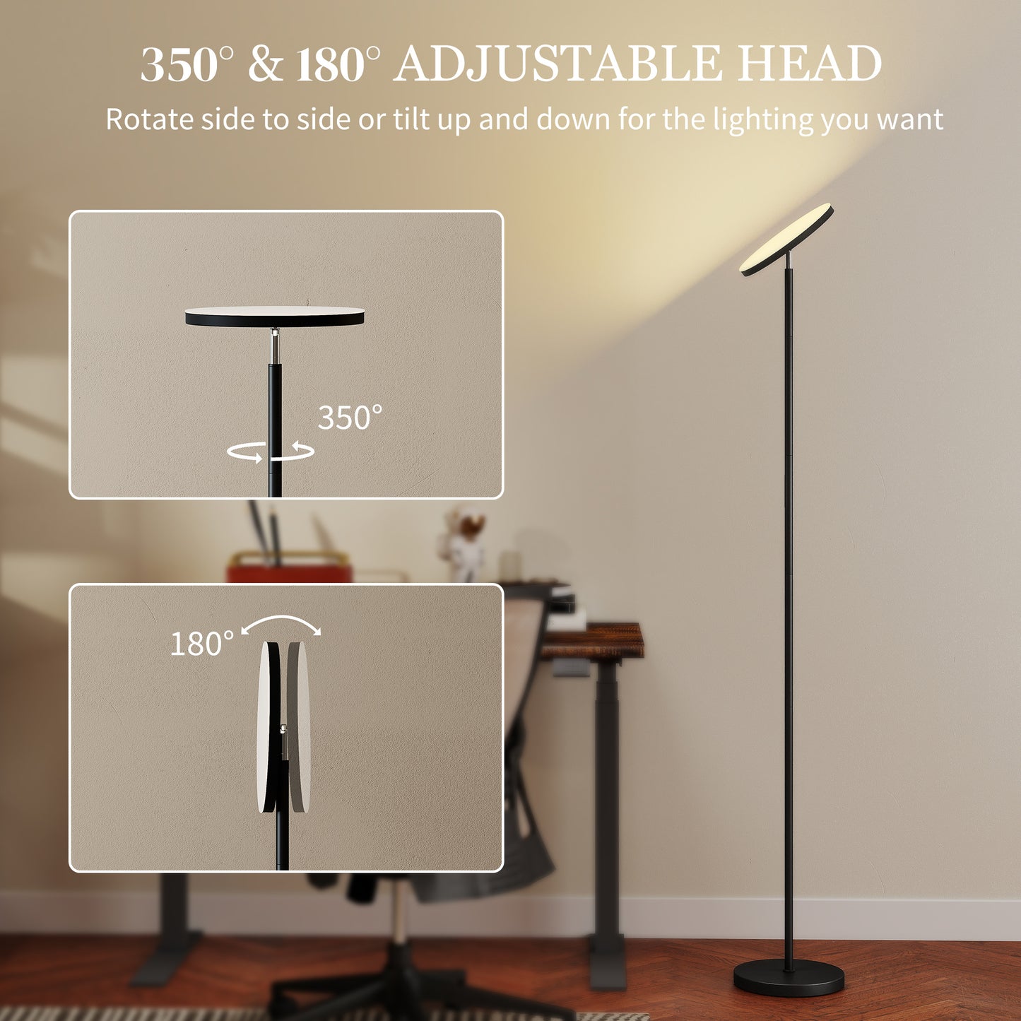 Niba Metal Black LED Uplighter Floor Lamp With Remote Touch Control And Adjustable Head