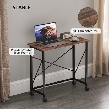 Maco 80cm Wooden Rustic Brown Folding Desk On Lockable Wheels
