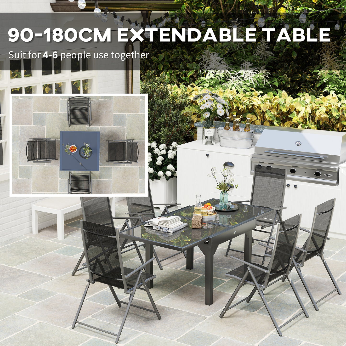 Cosuri 6 Seater Grey Mesh Outdoor Dining Set with Extendable Table and Folding Chairs