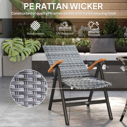 Nihara Rattan Light Grey Folding Garden Dining Chairs Set Of 2 With Reclining Back And Wooden Armrests