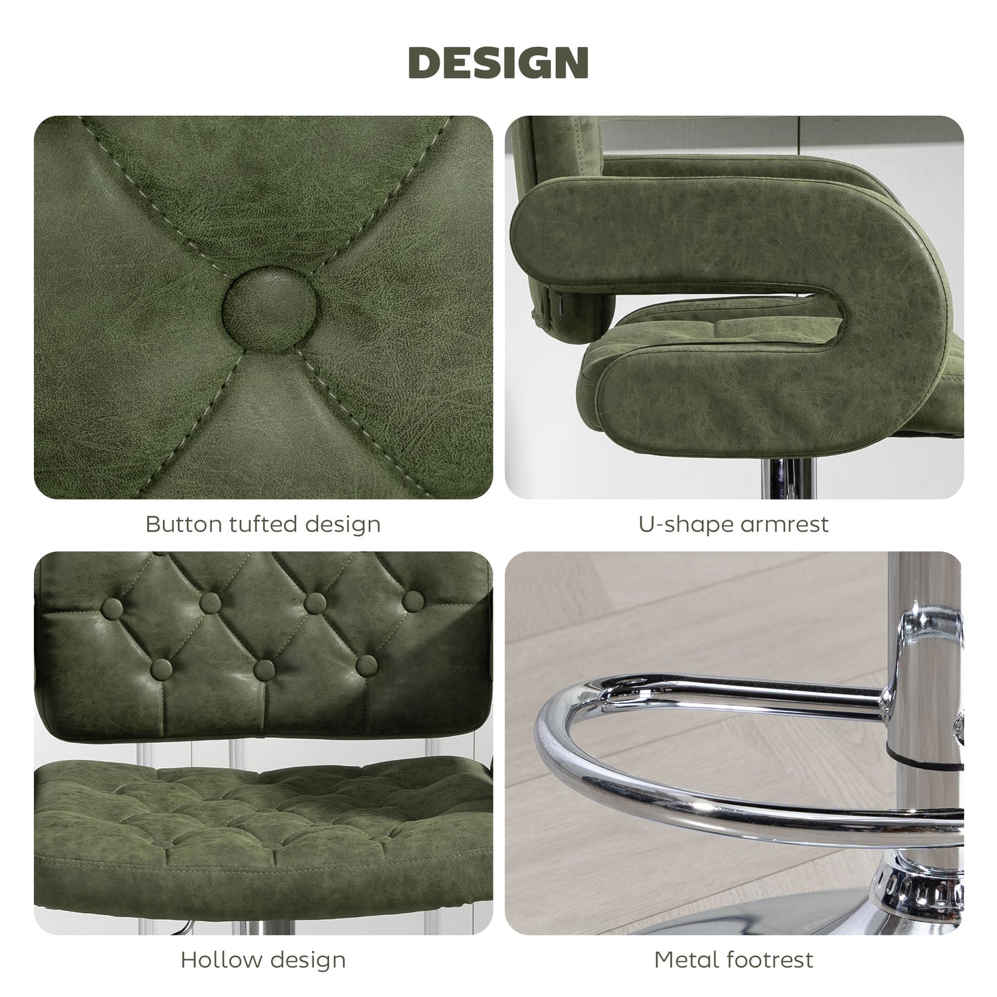 Dovetti Green Faux Leather H8 Adjustable Swivel Bar Stool With Arm Support
