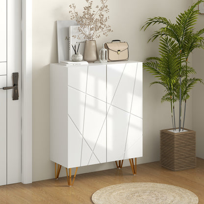 Monola Wooden White Slim Shoe Cabinet Modern Geometric Pattern For 15 To 20 Pairs