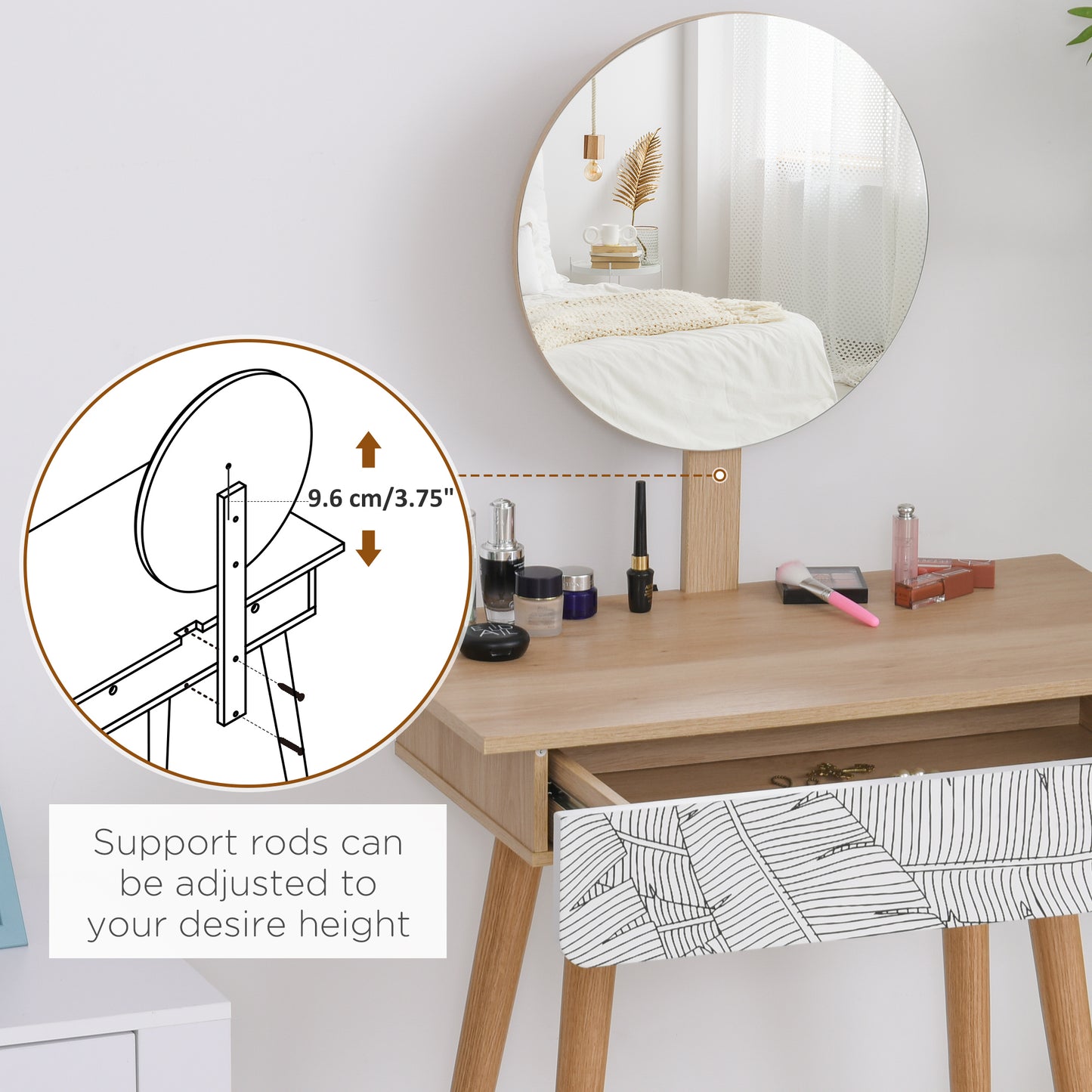 Zino Oak Wood Dressing Table With Adjustable Mirror And Drawer Storage For Bedroom