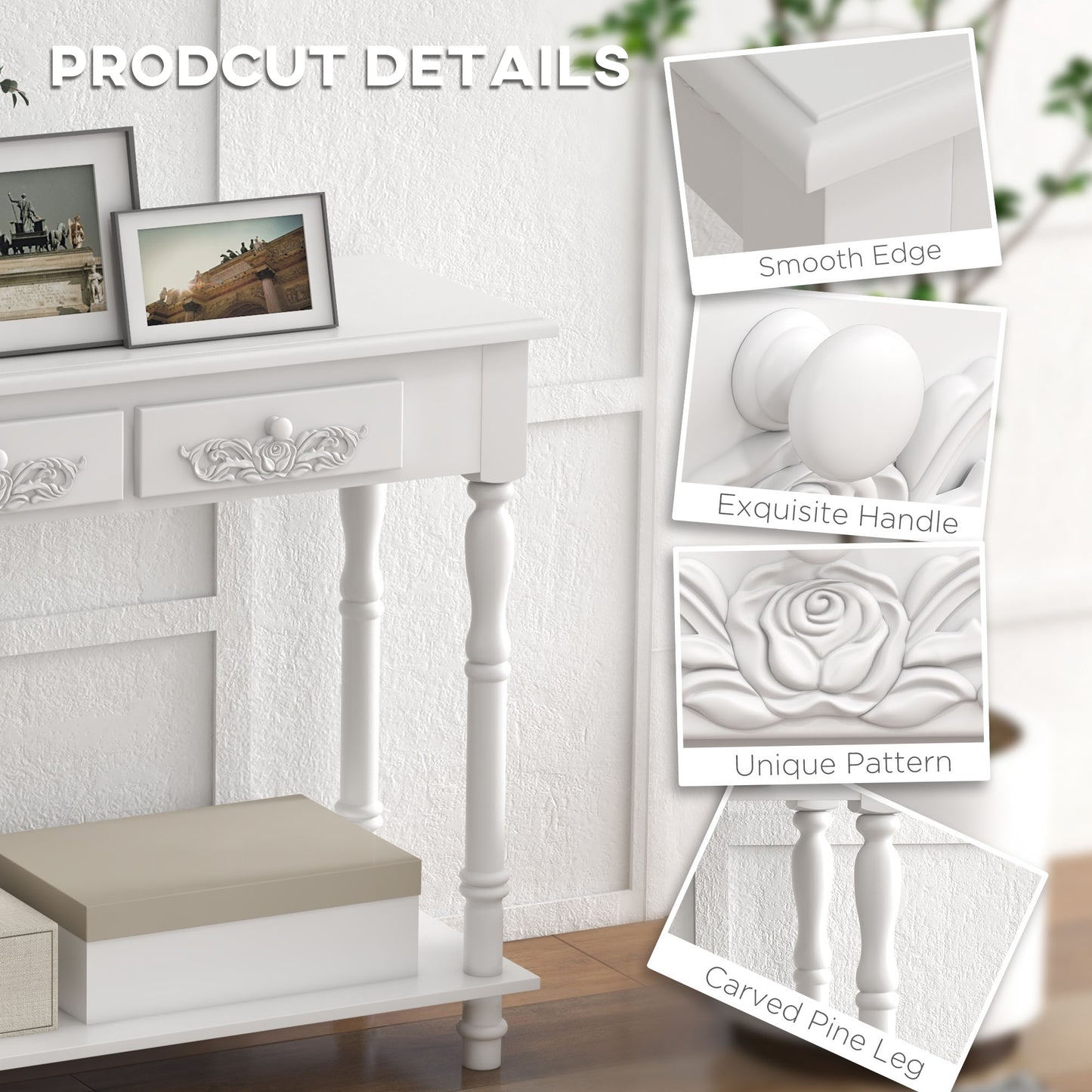 Relo Wooden White French Console Table With Drawers And Bottom Shelf