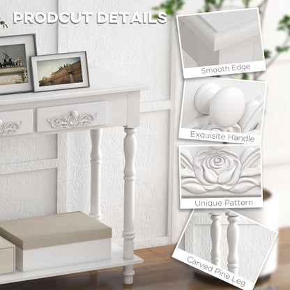 Relo Wooden White French Console Table With Drawers And Bottom Shelf